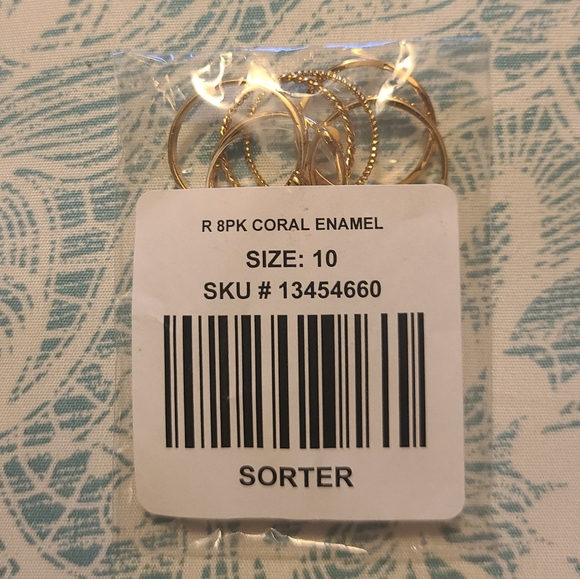 NWT GOLD-TONE & CORAL ENAMEL RING SET OF 8 - Picture 14 of 15